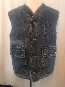Vintage GAP 1990s Denim Blue Jean Vest Trucker Hip Hop Buffalo Plaid Size Medium - Picture 1 of 9