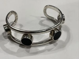 Vintage  Sterling Silver Onyx Heavy Cuff Bracelet 3/4” X 3” Beautiful Condition - Picture 1 of 14