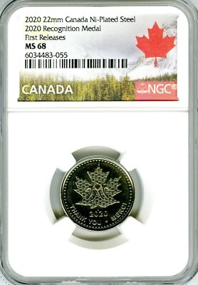 2020 22mm CANADA RECOGNITION MEDAL NGC MS68 FIRST RELEASES MAPLE LEAF and MAGNET - Image 1 of 3