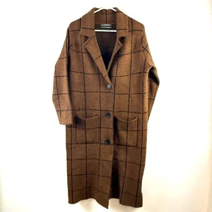 Anthropologie Solenne Windowpane Sweater Jacket Brown Plaid Button Up Longline S - Picture 1 of 11