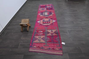 Vintage Turkish Runner Rug 3x11ft Wool Anatolian Handmade Hallway Oushak PINK - Picture 1 of 9