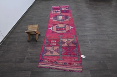 Vintage Turkish Runner Rug 3x11ft Wool Anatolian Handmade Hallway Oushak PINK - Image 1 of 4