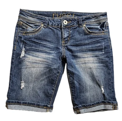 Pantalones cortos de jean vintage Y2K Rue 21 para mujer 8 azules tiro bajo solapa bolsillo bermudas con puños Foto 1 de 4