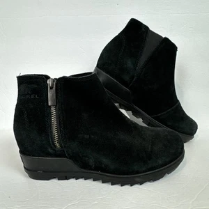 Sorel Evie Women's 7.5 Black Suede Zip Wedge Booties leather boots biker stylish - Picture 1 of 15