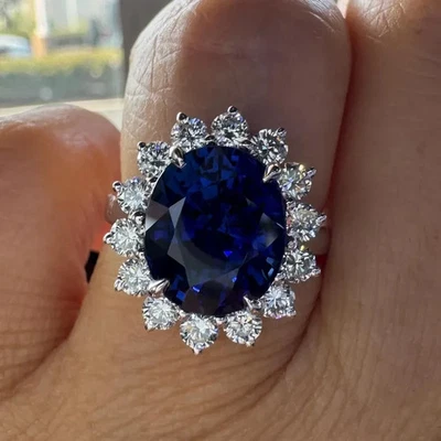 3.20Ct Oval Cut Lab-Created Sapphire Halo Engagement Ring 18K White Gold Plated - Image 1 of 4