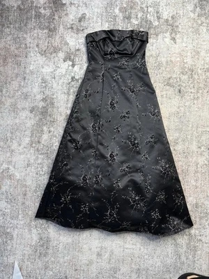 Vintage Prom Dress Maxi Gown 8 Black White 90s Y2K Goth Glam Floral Strapless - Image 1 of 4