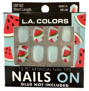 L.A. Colors NAILS ON 12 Nails WHAT-A-MELON Short Square Glossy White WATERMELON - Picture 1 of 1