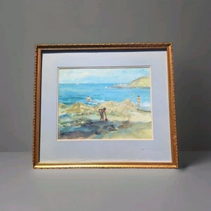 Peinture Ancienne Huile Paysage Marin Bord De Mer Plage Tableau Encadré Signé - Imagen 1 de 15