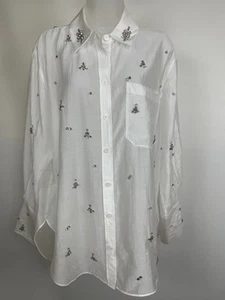 Zara Button-Down Hemd Damen Gr. Medium weiß Schmuck transparent Perlen verziert - Bild 1 von 16