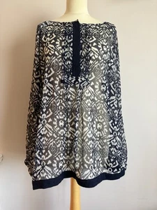 BHS Size 20 Navy Blue Sheer Batik Print Blouse Tunic Top Chiffon - Picture 1 of 6