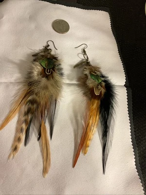 Pheasant Feather dangling Earrings with charm   - Image 1 of 3