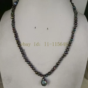 Natural 4-6mm Black Freshwater Baroque Pearl Pendant Necklace 18"Gothic Elegance - Picture 1 of 4
