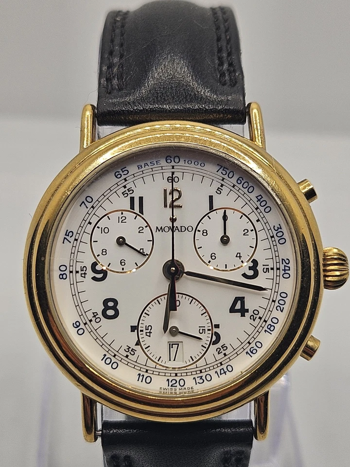 Movado Chronograph Uhr 38mm White Dial Gold Tone Date 87.A5.860 New Batt - Bild 1 von 4