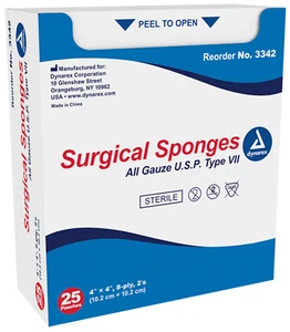 Dynarex Gauze Sterile Surgical Sponges, 4" x 4", 8 Ply, 2s, 50/Box - Case of 25 - Picture 1 of 3