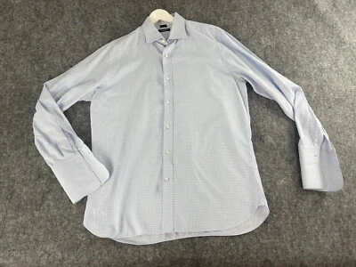 Bergdorf Goodman 正装衬衫男式 17 蓝色格子纽扣格子法式袖口 A5 — 第 1/4 张图片