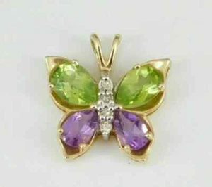 2Ct Pear Cut Peridot /Amethyst Butterfly Pendant 14K Yellow Gold Over Free Chai - Picture 1 of 3