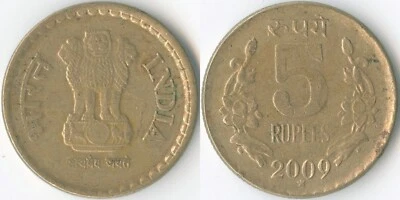 India 2009 * 5 Rupees KM# 373 Ni-Brass Ashoka Lion Capitol Lotus Flowers Value - Image 1 of 3