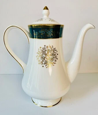 VTG WEDGWOOD AGINCOURT BLUE BAND GOLD FLORAL PRINT BONE CHINA COFFEE POT R 4513 - Image 1 of 4