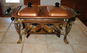 Vintage Copper Double Chafing Dish Server Brass Stand - Picture 1 of 8