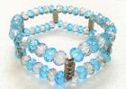 VTG 2-Layer Crystal Bead Stretch Bracelet Blue & Smoky Clear Silver Tone Beads