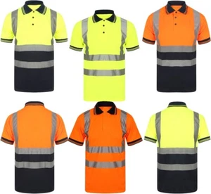 Men Short Sleeve High Visibility Collared Shirt Reflective Stripe Work Wear Tops - Picture 1 of 9