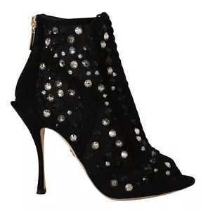 DOLCE & GABBANA Shoes Short Boots Black Crystals Heels Zipper EU36.5/US6 - Picture 1 of 11