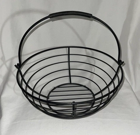 VTG Wrought Iron Hanging Metal Basket Black Handle Round Planter 12" Cover