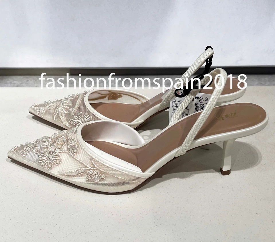 ZARA 全新 女式 花朵 刺绣 MESH SLINGBACKS 鞋 白色 35-42 2817/410/001 — 第 1/1 张图片