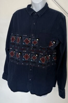 Camisa masculina de flanela On The BYAS botão para baixo sudoeste bolso no peito azul M - Imagem 1 de 4