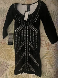 Bebe Crystal Logo Body Laser Cut Sexy Black Dress S Long Sleeve Rare New - Picture 1 of 5