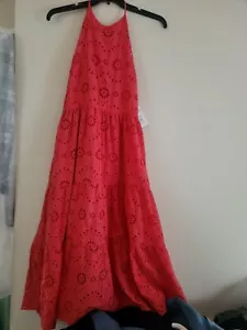 Time & Tru Eyelet Halter Midi Dress Tiered Skirt Paradise Pink Sz L BNWT - Picture 1 of 12