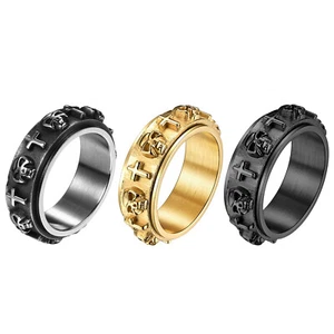 Gothic Skull Cross Spinner Ring Men's Stainless Steel Fidget Band Anti-Anxiety