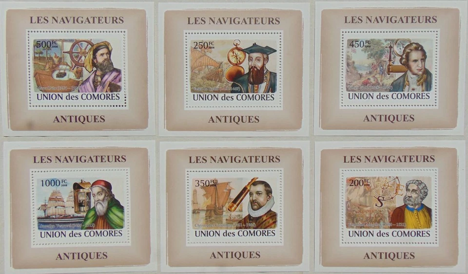Navigators Sailing ships SET 6 SHEETS DELUXE Comores 2008 Sc.1057 MNH #CM8206d - Image 1 of 1
