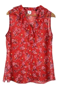 CAbi Top #5219 Women’s Red Crush Floral Ruffle Sleeveless Sheer Top Size M - Picture 1 of 3