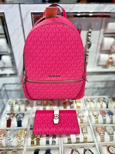 Michael Kors Rhea Women Medium Zip Backpack + Snap Bifold Set Dragonfruit - Picture 1 of 22