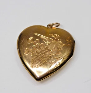 Antique 14k Gold Heart Shaped Locket w  Hand Engraved Love Bird - Picture 1 of 8