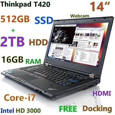 Lenovo Thinkpad T420 i7-2.7Ghz (512GB SSD + 2TB HDD)  16GB 14"  HDMI + Dock - Image 1 of 4