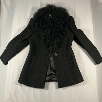 Abrigo para mujer Dale Dressin negro mezcla de lana talla 4 cuello de piel de cordero mongol de colección Foto 1 de 4