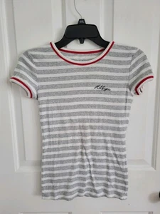 Tommy Hilfiger Women's Gray White Red Hem Striped Short Sleeve Tee XS - Picture 1 of 5