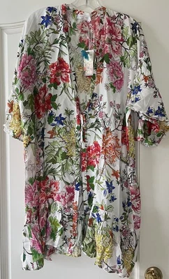 NWT $228 Johnny Was Metalli Giorno Ruffle Kimono white floral silk blend open XS - Image 1 of 4