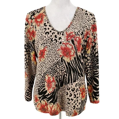 Топ женский Coldwater Creek XL бежевый черный цветочный облегающий эластичный вязаный пуловер  - Изображение 1 из 4