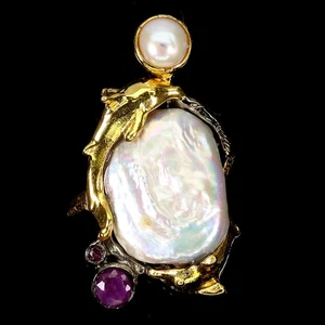 925 Sterling Silver Pendant Round Ruby 5mm Pearl Dolphin Gemstone Jewelry - Picture 1 of 13