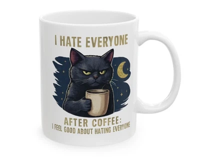 Divertida taza de café para gatos gruñón negro gato humor taza 11 oz regalo bebida de la mañana Foto 1 de 4