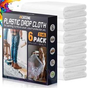 12 x 9 Ft Plastic Drop Cloths (6-Pack) - Disposable Painter's Sheeting & Tarp... - Picture 1 of 8