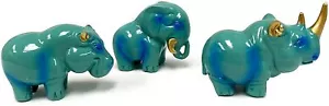 Set of 3 Blue Animal Statues Rhinoceros Elephants Hippopotamus Figurines Decors - Picture 1 of 5