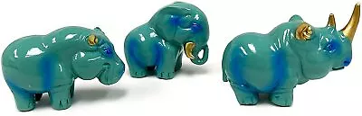 Set of 3 Blue Animal Statues Rhinoceros Elephants Hippopotamus Figurines Decors - Image 1 of 4
