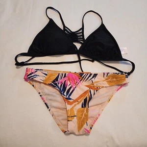 Xhilaration Women's Bikini Set Size S Tropical Bottoms Size M Black Strappy Top - Picture 1 of 11
