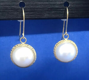 QVC Round Cultured Pearl Dangle Earrings with 18K Gold Diamond Cut Border NIB