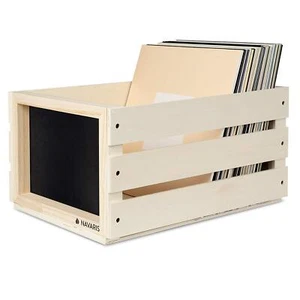 Navaris Wood Record Crate - Vinyl Album Storage Holder Box Wooden Case Chalkboa - Picture 1 of 7