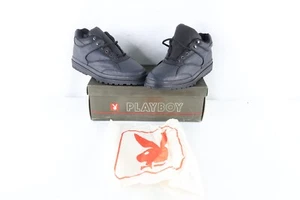 NOS Vtg 90s Playboy Mens 9 Spell Out Mid Top Leather Sneakers Shoes Navy Blue - Picture 1 of 12